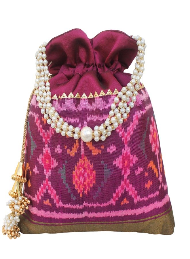 MILAN'S CREATION Pure Patola Silk Potli Single Ikkat/Rajkoti Bag Purse Beautiful Pearl Handle Tassels Women’s Handbag Royal Wedding Festival (Pink) - Image 1